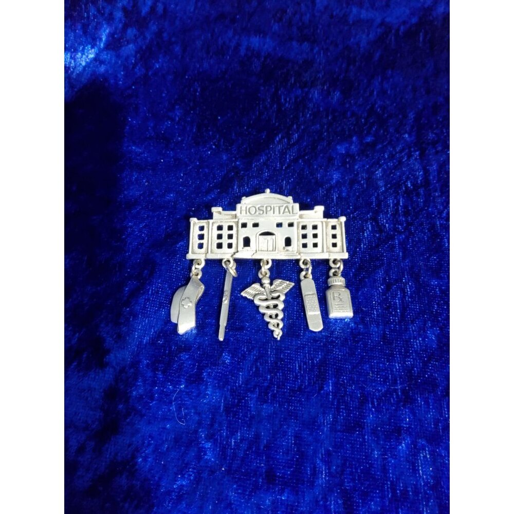 Vintage Signed JJ Jonette Pewter Hospital Pin featuring 5 Dangling Charms